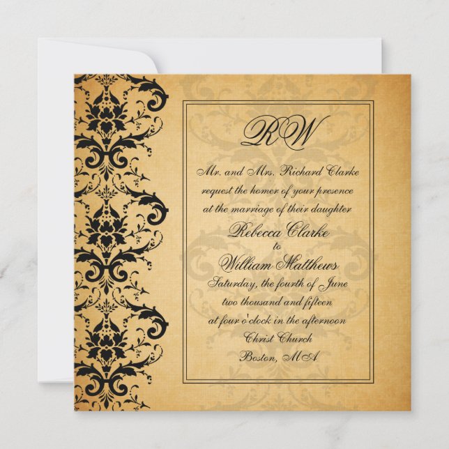 Vintage Black Damask Wedding Invitations (Front)