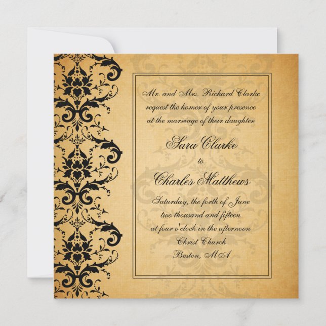 Vintage Black Damask Wedding Invitations (Front)