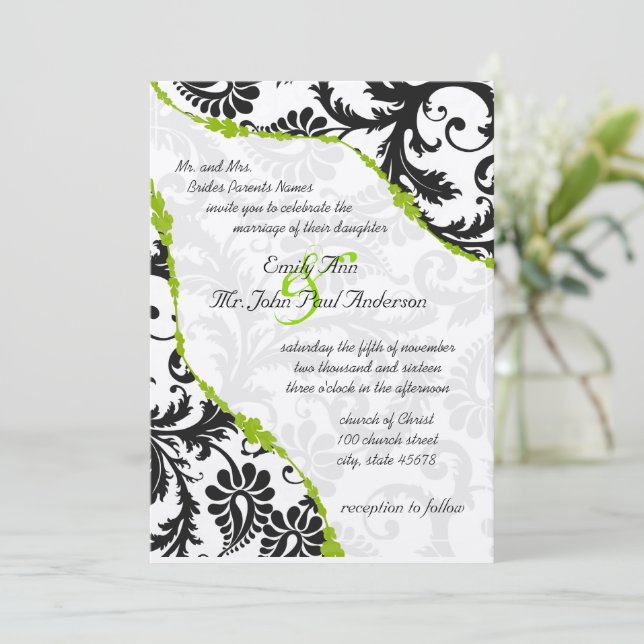Vintage Black Damask with Apple Green Vines Invitation (Standing Front)