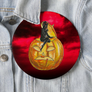 Vintage Black Devil on Jack o' Lantern Red Clouds 6 Cm Round Badge