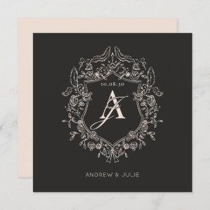 Vintage black elegant floral crest frame wedding  invitation