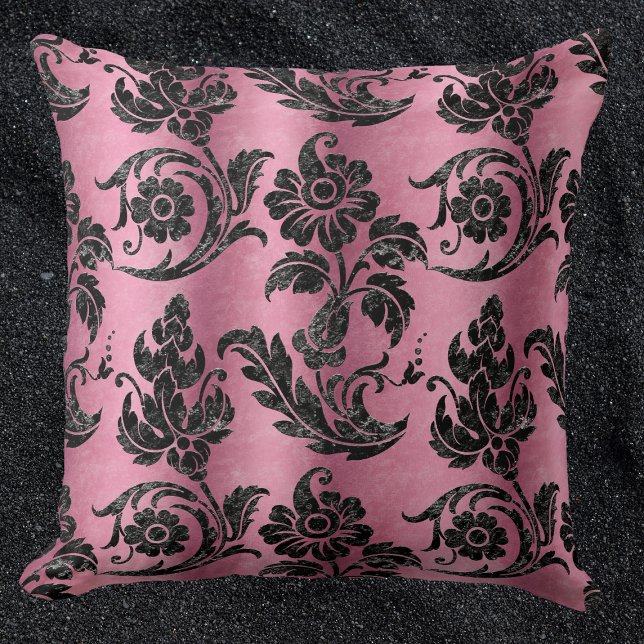 Vintage Black Floral Damask Pink Pattern Cushion (Creator Uploaded)
