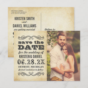 Vintage Black Flourish Wedding Photo Save the Date Announcement Postcard