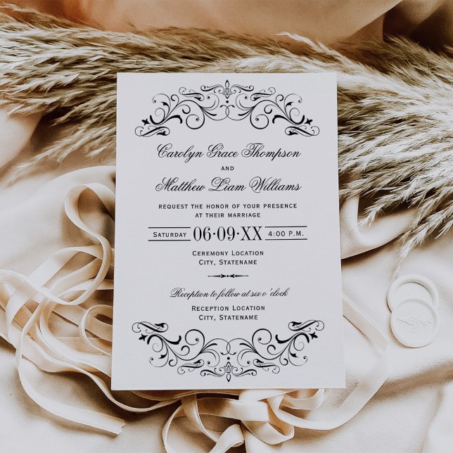 Vintage Black Flourish White Wedding Invitation (Creator Uploaded)