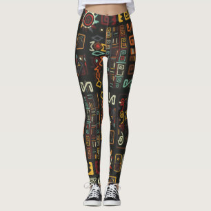 Vintage Black Geometric African Doodle Leggings