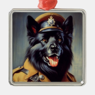 Vintage Black German Shepherd Painting Metal Ornament