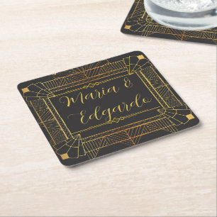 Vintage Black & Gold Art Deco Wedding Square Paper Coaster