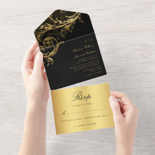Vintage Black Gold Damask Calligraphy Wedding All In One Invitation
