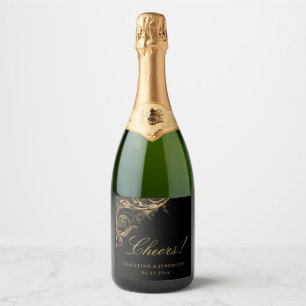 Vintage Black Gold Floral Damask Cheers Wedding Sparkling Wine Label