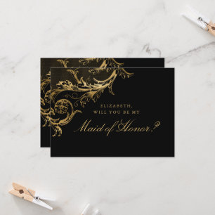 Vintage Black Gold Floral Damask Maid of Honour Invitation