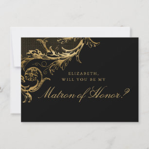 Vintage Black Gold Floral Damask Matron of Honour Invitation