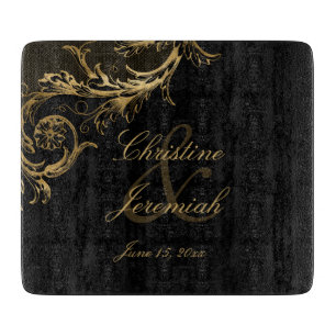 Vintage Black Gold Floral Damask Script Wedding Cutting Board