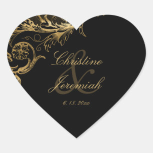 Vintage Black Gold Floral Damask Script Wedding Heart Sticker