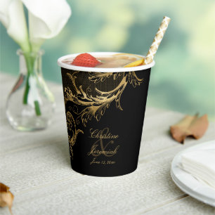 Vintage Black Gold Floral Damask Script Wedding Paper Cups