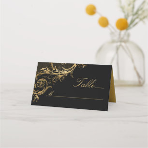 Vintage Black Gold Floral Damask Wedding Place Card