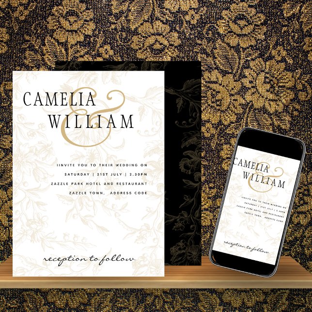Vintage Black Gold Floral Elegant Wedding Invitation (Creator Uploaded)