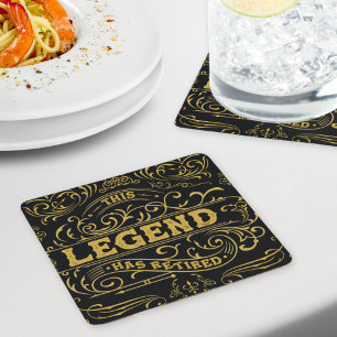 Vintage Black Gold Legend Retirement Square Paper Coaster