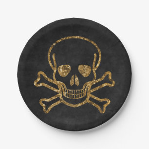 Vintage Black Gold Pirate Skull And Bones Paper Plate