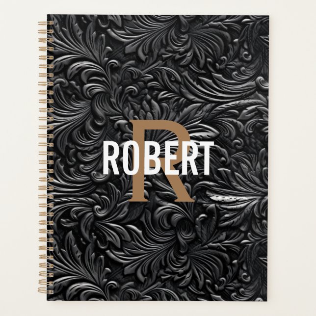 Vintage black gold tooled leather monogram name planner (Front)
