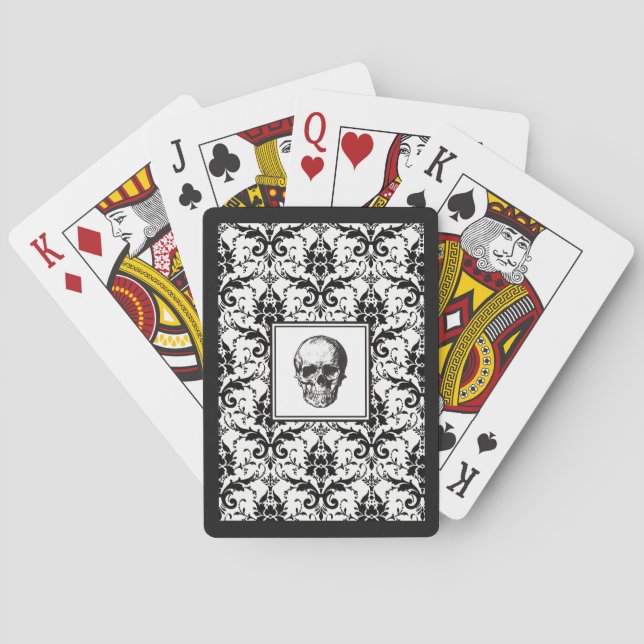 Vintage Black Gothic Damask Pattern Skull Playing Cards (Back)