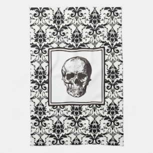 Vintage Black Gothic Pattern Skull Halloween Tea Towel