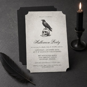 Vintage Black Gothic Raven Skull Adult Halloween Invitation