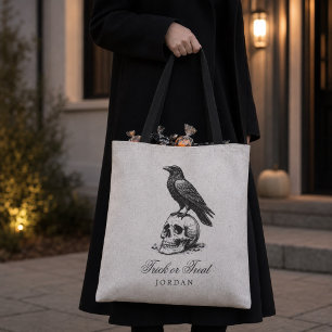 Vintage Black Gothic Raven Skull Trick or Treat Tote Bag