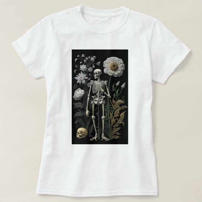 Vintage Black Gothic Skeleton with Dark Florals T-Shirt (Design Front)