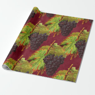 Vintage Black Grapes and Vines on Wine Red Wrapping Paper