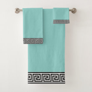 Vintage Black Greek Pattern on Teal & White Bath Towel Set
