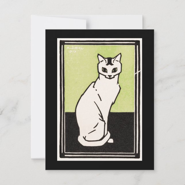 Vintage Black Green White Sitting Cat Illustration Card (Front)