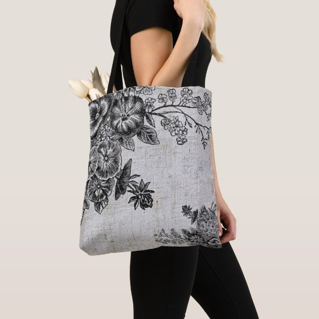 Vintage Black/Grey Flowers Wedding Tote Bag (Close Up)
