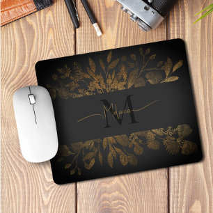 Vintage Black Grey & Gold glitter floral Monogram Mouse Pad