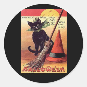Vintage Black Halloween Cat Classic Round Sticker