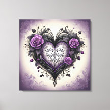 Vintage Black Heart & Purple Roses in Gothic Style