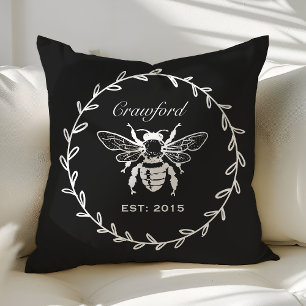 Vintage Black Honey Bee Laurel Honeycomb Monogram Cushion