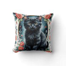 Vintage Black kitten and Peony Printed Cushion