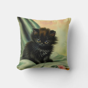 Vintage Black Kitten Illustration Cushion
