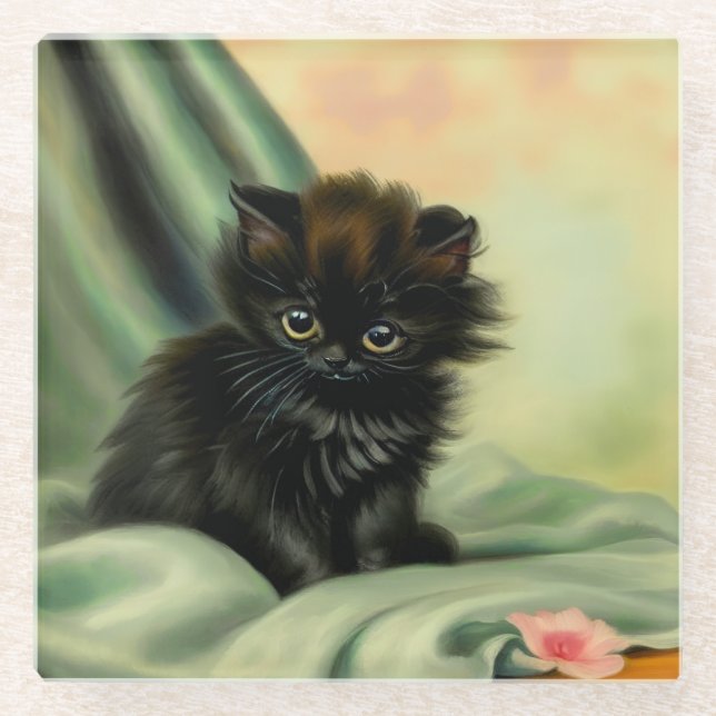 Vintage Black Kitten Illustration Glass Coaster (Front)