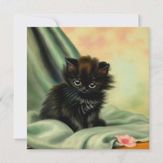 Vintage Black Kitten Illustration Invitation (Front)