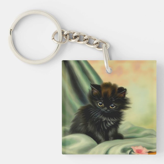 Vintage Black Kitten Illustration Key Ring (Front)