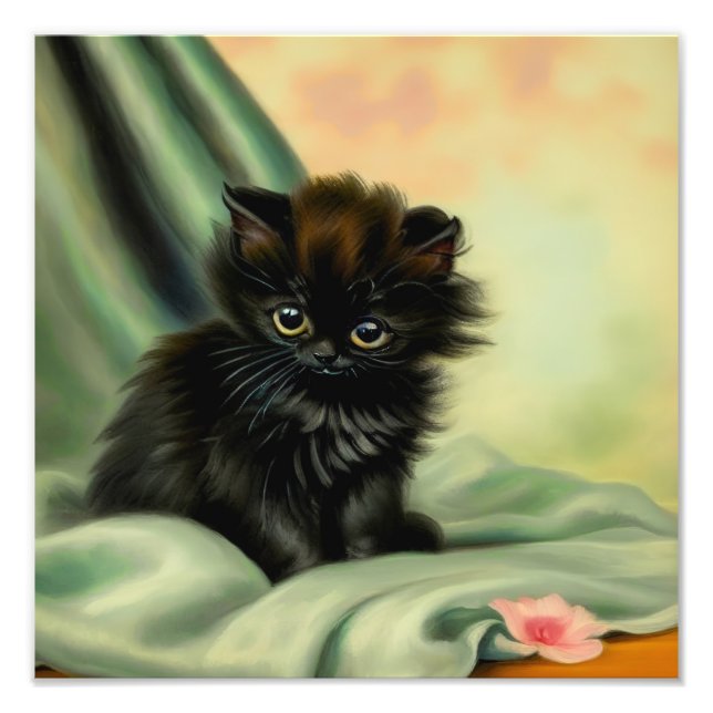 Vintage Black Kitten Illustration Photo Print (Front)