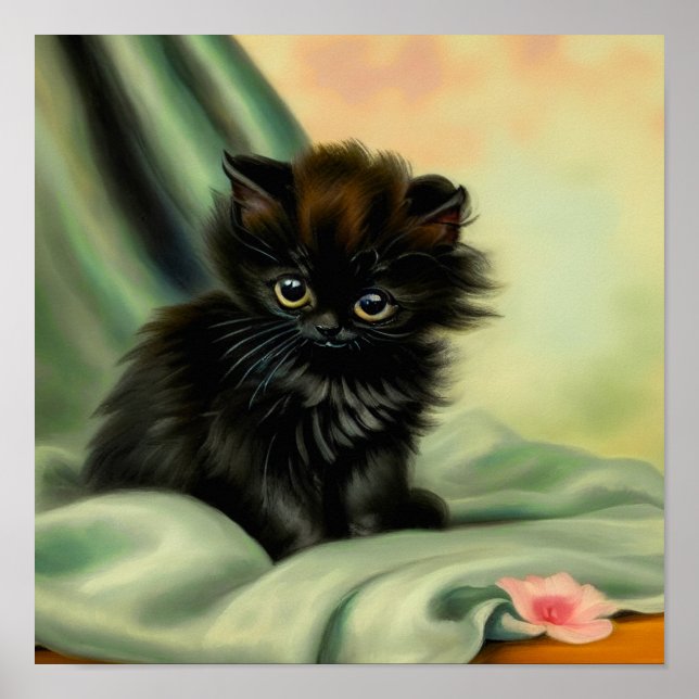 Vintage Black Kitten Illustration Poster (Front)