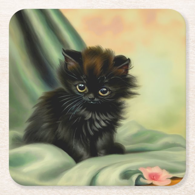 Vintage Black Kitten Illustration Square Paper Coaster (Front)