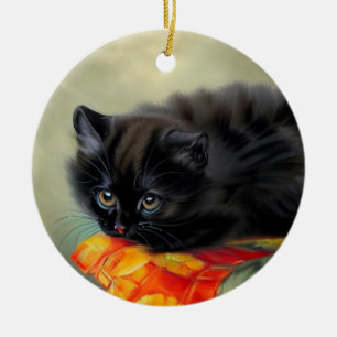 Vintage Black Kitten with Red Flower Blanket Ceramic Ornament