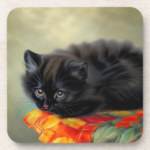 Vintage Black Kitten with Red Flower Blanket Coaster