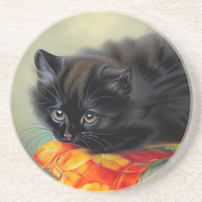 Vintage Black Kitten with Red Flower Blanket Coaster (Front)