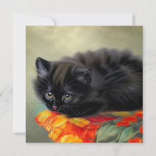 Vintage Black Kitten with Red Flower Blanket Invitation