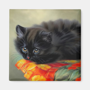 Vintage Black Kitten with Red Flower Blanket Magnet