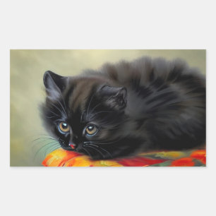 Vintage Black Kitten with Red Flower Blanket Rectangular Sticker